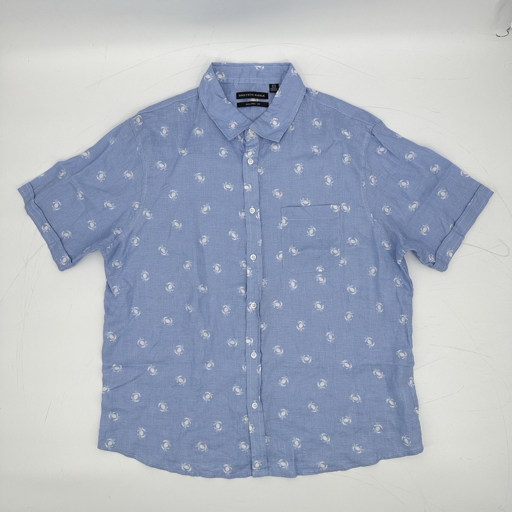 Saks Fifth Avenue Men's 100% Linen Shirt XXL Crab Print Short Sleeve Coastal Dad